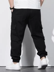 Manfinity Men Plus Cotton Flap Pocket Side Drawstring Waist Cargo Jeans - Black - View 2