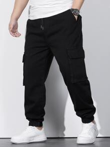 Manfinity Men Plus Cotton Flap Pocket Side Drawstring Waist Cargo Jeans - Black - View 3