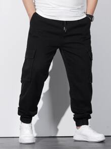 Manfinity Men Plus Cotton Flap Pocket Side Drawstring Waist Cargo Jeans - Black - View 4