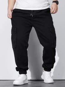 Manfinity Men Plus Cotton Flap Pocket Side Drawstring Waist Cargo Jeans - Black - View 5