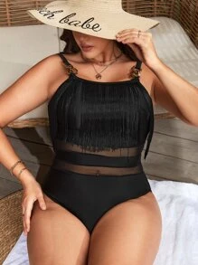 SHEIN Plus Fringe Trim Contrast Mesh One Piece Swimsuit - Black - View 4