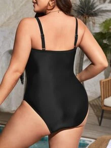 SHEIN Plus Fringe Trim Contrast Mesh One Piece Swimsuit - Black - View 2