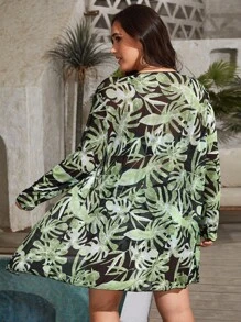 Swim Vcay Plus Size Tropical Print Drawstring Bikini Set With Kimono Summer Beach - Green - View 2