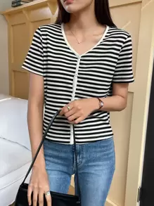 DAZY Camiseta De Rayas Con Botones En La Parte Delantera - Negro - Ver 4