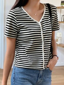 DAZY Camiseta De Rayas Con Botones En La Parte Delantera - Negro - Ver 6