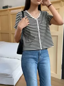 DAZY Camiseta De Rayas Con Botones En La Parte Delantera - Negro - Ver 8