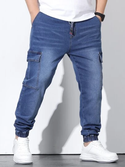 Manfinity Homme Men Plus Cotton Bleach Wash Dragsko i midjan Cargo Jeans Slim Fit Lång tvättad denim joggingbyxor Jean Plain Mörkblå Träningsstorlek