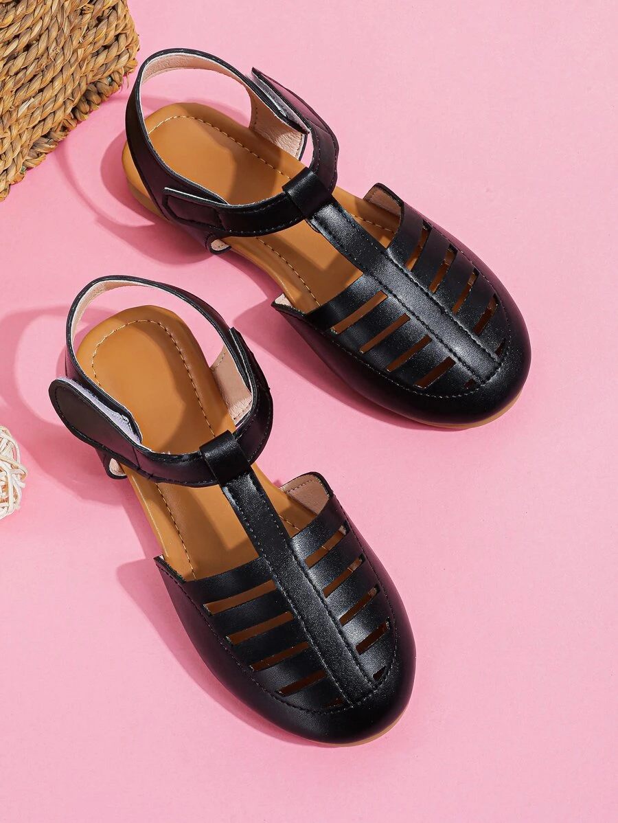 女孩鏤空踝帶平底鞋 - 黑色 - 查看 1