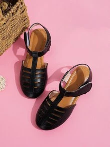 女孩鏤空踝帶平底鞋 - 黑色 - 查看 2