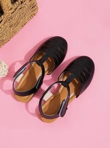 女孩鏤空踝帶平底鞋 - 黑色 - 查看 3