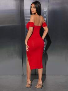 SHEIN PETITE Off Shoulder Split Thigh Bodycon Dress - Red - View 3
