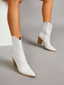 Crocodile Embossed Chunky Heeled Western Boots - Beige - View 2