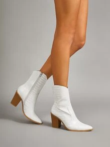 Crocodile Embossed Chunky Heeled Western Boots - Beige - View 3