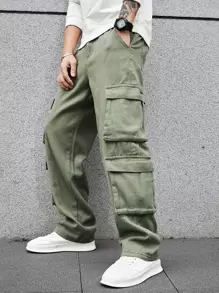 Manfinity EMRG 男士拉鍊蓋式口袋側式貨物鬆身牛仔褲 - 軍綠色 - 查看 1