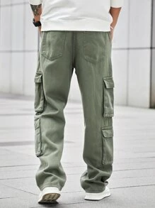 Manfinity EMRG 男士拉鍊蓋式口袋側式貨物鬆身牛仔褲 - 軍綠色 - 查看 2
