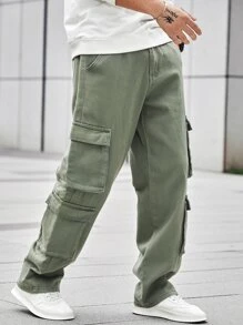 Manfinity EMRG 男士拉鍊蓋式口袋側式貨物鬆身牛仔褲 - 軍綠色 - 查看 3