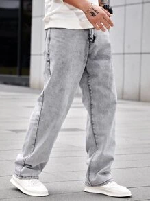 Manfinity Men Slant Pocket Straight Leg Jeans - Light Grey - View 3