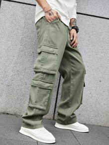 Manfinity EMRG 男士拉鍊蓋式口袋側式貨物鬆身牛仔褲 - 軍綠色 - 查看 6