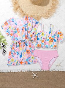 Tween Girl Floral Cold Shoulder Bikini Set With Kimono Summer Beach - Multicolor - View 1