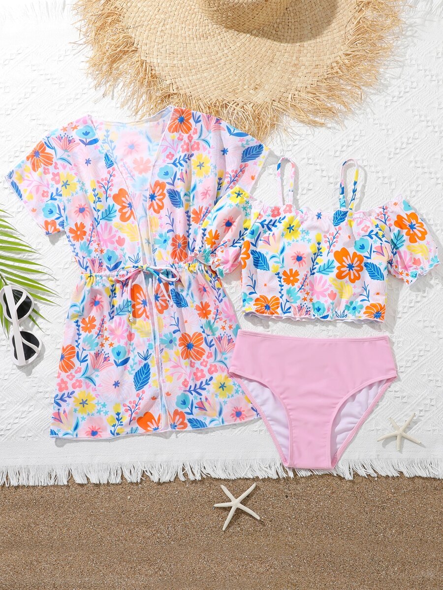 Tween Girl Floral Cold Shoulder Bikini Set With Kimono Summer Beach - Multicolor - View 1