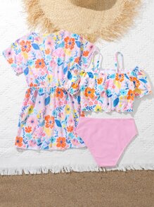 Tween Girl Floral Cold Shoulder Bikini Set With Kimono Summer Beach - Multicolor - View 2