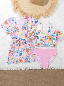 Tween Girl Floral Cold Shoulder Bikini Set With Kimono Summer Beach - Multicolor - View 5
