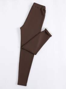 SHEIN Unity Women's Solid Color Thermal Lined Casual Ribbed Long Leggings, Autumn/Winter - Brown - View 3