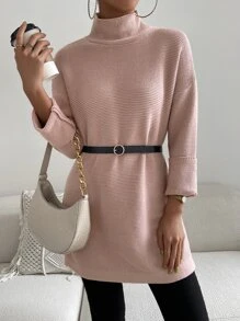SHEIN Essnce Jersey de cuello alto de hombros caídos sin cinturón - Rosa Pálido - Ver 1