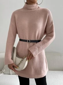 SHEIN Essnce Jersey de cuello alto de hombros caídos sin cinturón - Rosa Pálido - Ver 3