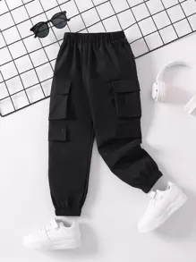 SHEIN Young Boy Solid Black Simple Design Casual Long Pants With Elastic Cuffs, Suitable For Summer And Autumn - Black - View 1