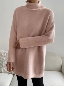 SHEIN Essnce Jersey de cuello alto de hombros caídos sin cinturón - Rosa Pálido - Ver 4