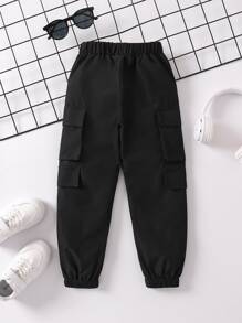 SHEIN Young Boy Solid Black Simple Design Casual Long Pants With Elastic Cuffs, Suitable For Summer And Autumn - Black - View 2