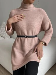 SHEIN Essnce Jersey de cuello alto de hombros caídos sin cinturón - Rosa Pálido - Ver 5