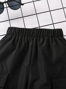 SHEIN Young Boy Solid Black Simple Design Casual Long Pants With Elastic Cuffs, Suitable For Summer And Autumn - Black - View 4