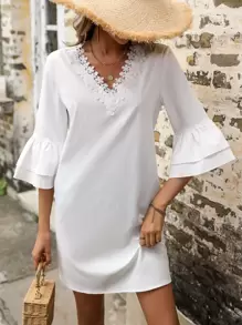 SHEIN VCAY Guipure Lace Trim Layered Sleeve Tunic Dress