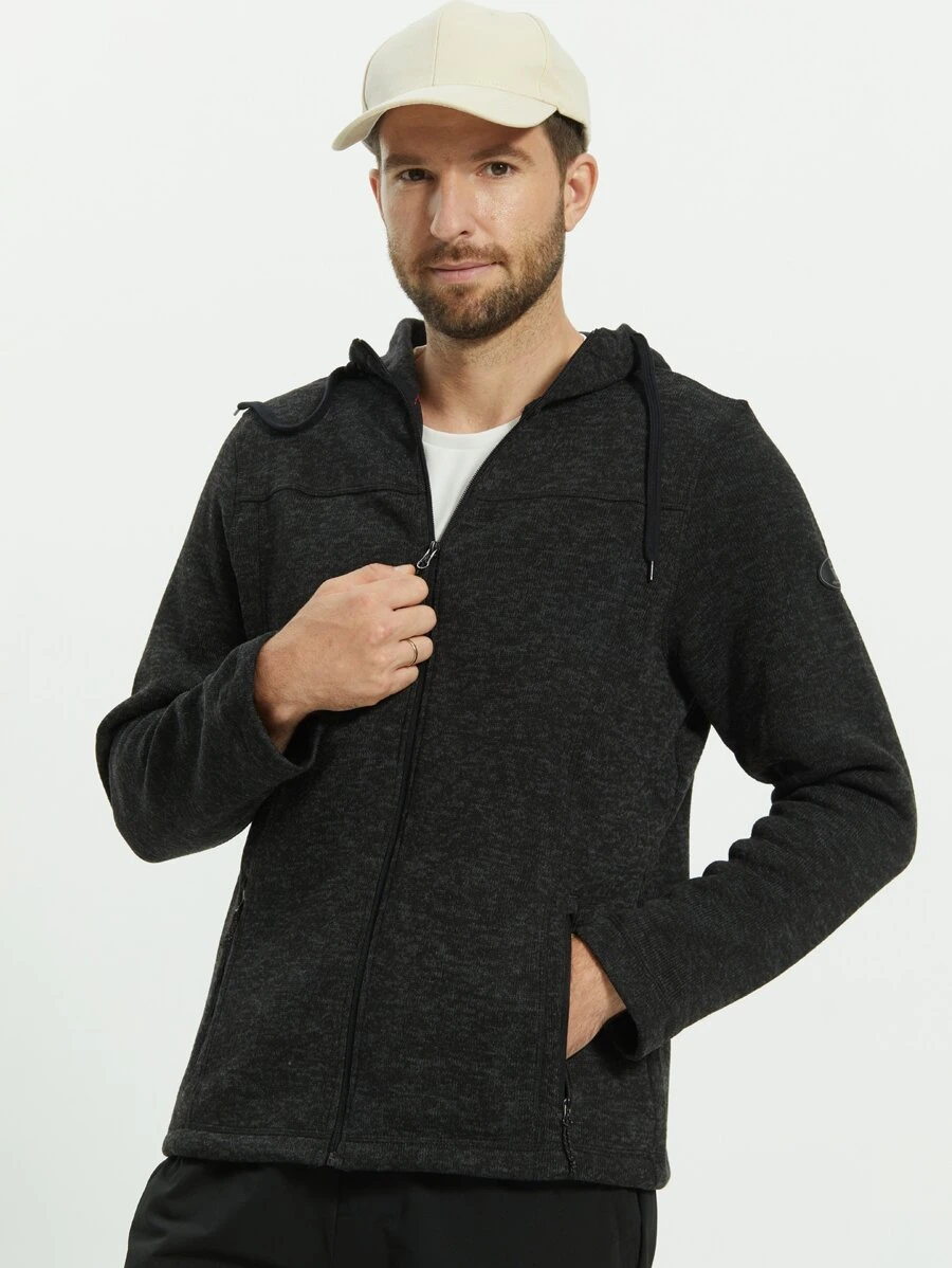 男士拉鏈開襟抽繩連帽外套 - 黑色 - 查看 1