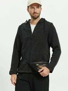 男士拉鏈開襟抽繩連帽外套 - 黑色 - 查看 3