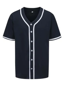 男士前紐扣滾邊T恤 - 藏蓝色 - 查看 1