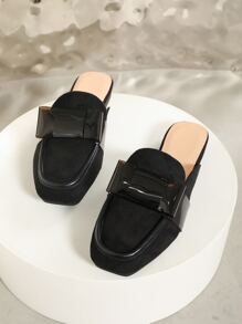 Bow Decor Faux Suede Flat Mules - Black - View 2