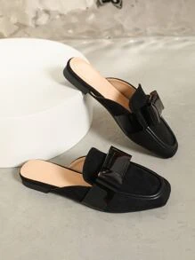 Bow Decor Faux Suede Flat Mules - Black - View 3