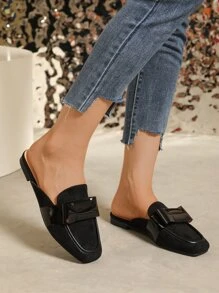 Bow Decor Faux Suede Flat Mules - Black - View 5