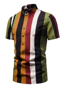 Men Plaid Print Half Button Striped Shirt - Multicolor - View 1