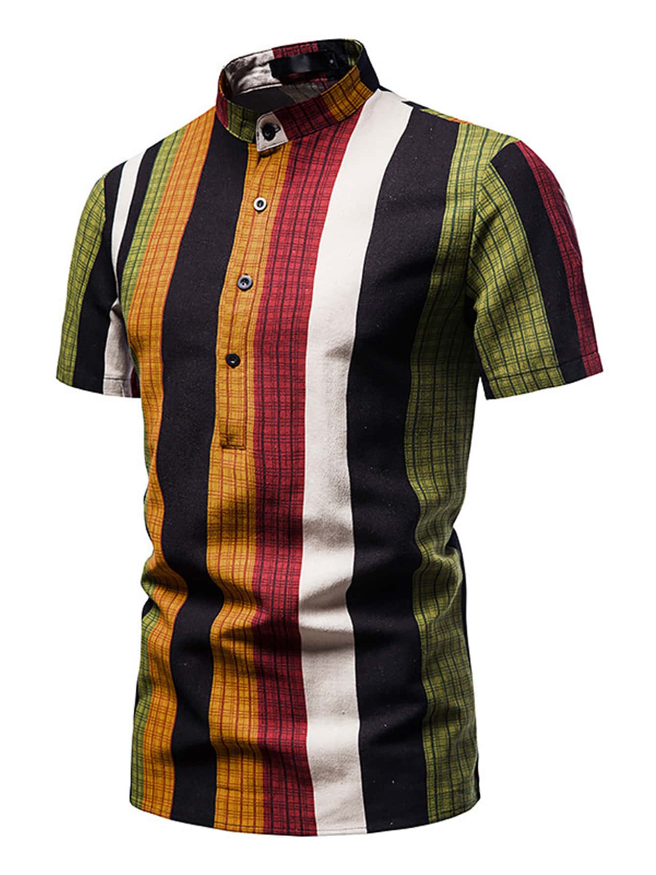 Men Plaid Print Half Button Striped Shirt - Multicolor - View 1