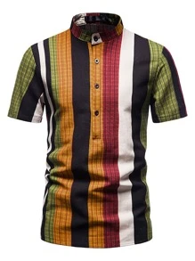 Men Plaid Print Half Button Striped Shirt - Multicolor - View 3
