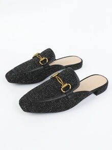 Metal Decor Square Toe Flat Mules - Black - View 3