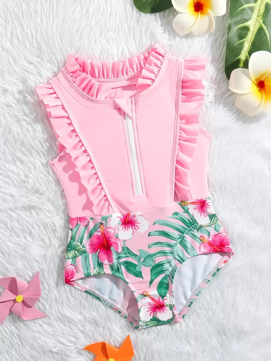 SHEIN Baby Girls Tropical Print Ruffle Trim Half Zip One Piece Swimsuit - Pink - View 1