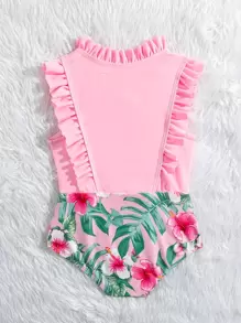 SHEIN Baby Girls Tropical Print Ruffle Trim Half Zip One Piece Swimsuit - Pink - View 2