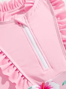 SHEIN Baby Girls Tropical Print Ruffle Trim Half Zip One Piece Swimsuit - Pink - View 3