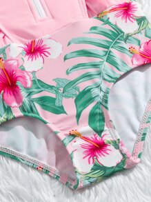 SHEIN Baby Girls Tropical Print Ruffle Trim Half Zip One Piece Swimsuit - Pink - View 4