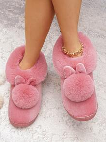 Rabbit Decor Fluffy Novelty Slippers - Pink - View 1